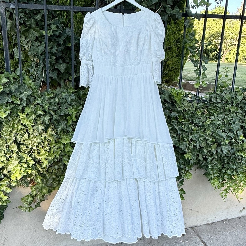 VTG 5 Layer Eyelet Cottage Country Prairie Boho Core Temple Wedding Dress Sz M L